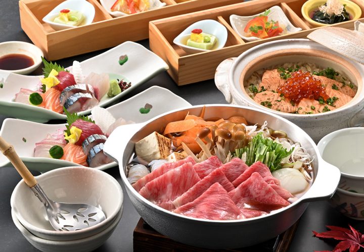 サーモンいくらの土鍋と知多牛すき煮