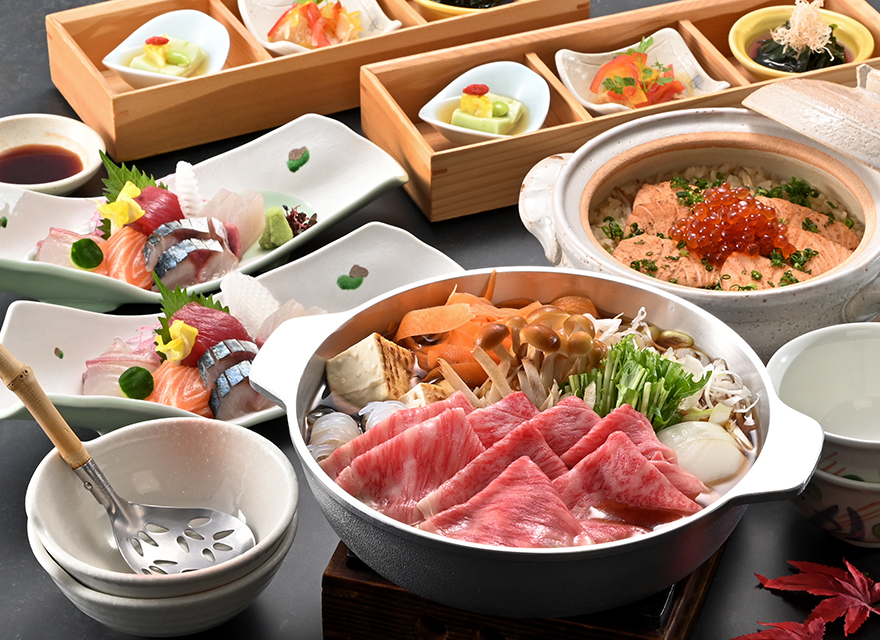 サーモンいくらの土鍋と知多牛すき煮